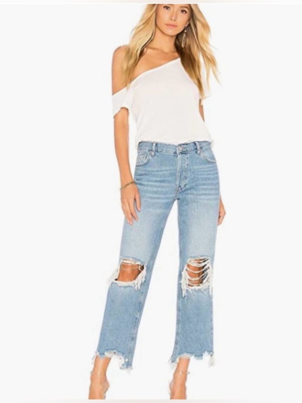 Free People Maggie Distressed Straight Leg Jeans | size 27 | Light Wash